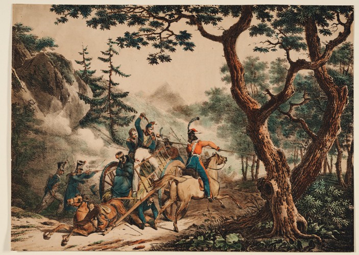 Cossacks attacking French soldiers in a forest à Artiste inconnu