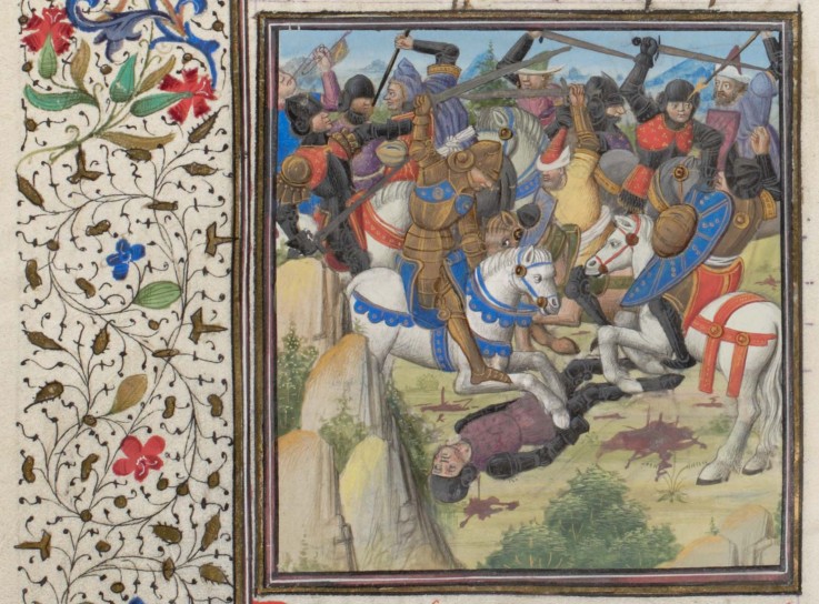 Fight between Christians and Saracens under Saladin. Miniature from the "Historia" by William of Tyr à Artiste inconnu