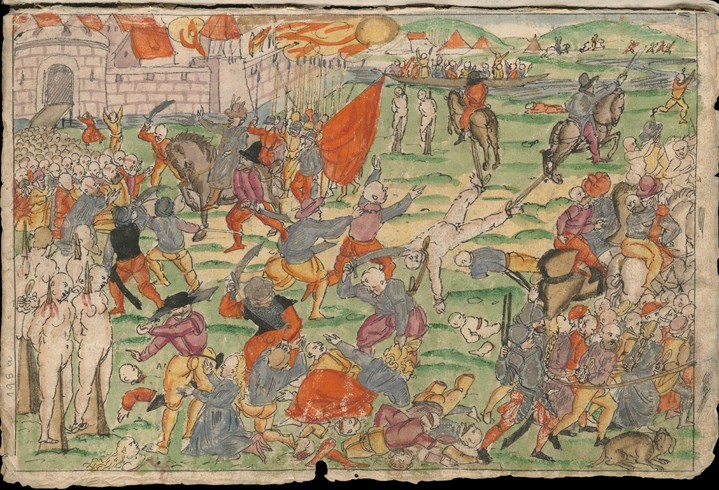 Russian atrocities in Livonia on July and August 1577. From Johann Jakob Wick's Sammlung von Nachric à Artiste inconnu