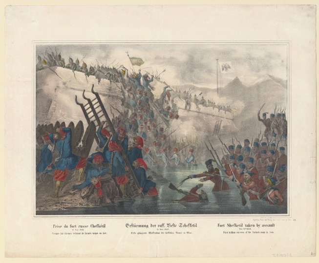 Turkish troops storming Fort Shefketil on November 15, 1853 à Artiste inconnu