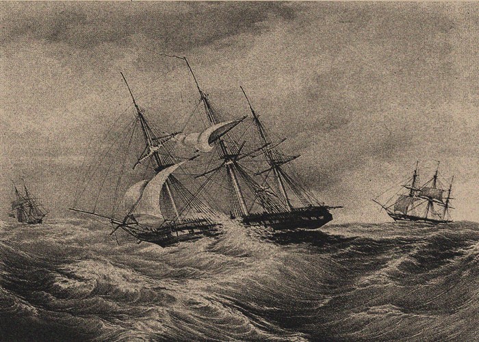 The frigate Kreiser and the sloop Ladoga at the coast of America 1823 à Artiste inconnu