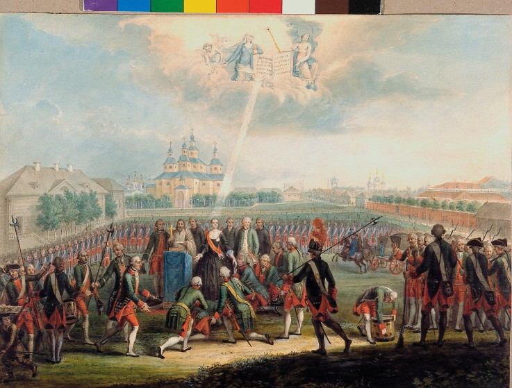 Catherine II Greeted by the Izmaylovsky Lifeguard regiment on the Day of the Palace Revolution on Ju à Artiste inconnu