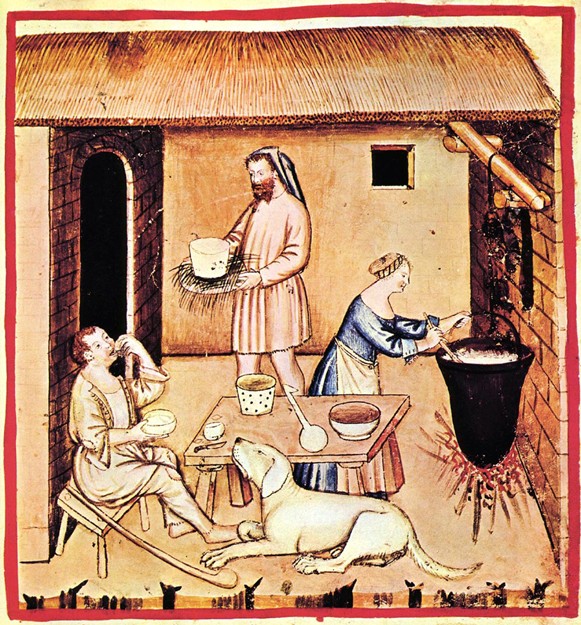 The production of cheese. A miniature from Tacuinum Sanitatis à Artiste inconnu