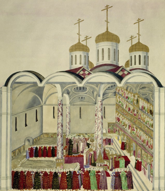 The Coronation of the Tsar Mikhail Feodorovich (Michael I)  in the Moscow Kremlin on 11th July 1613 à Artiste inconnu