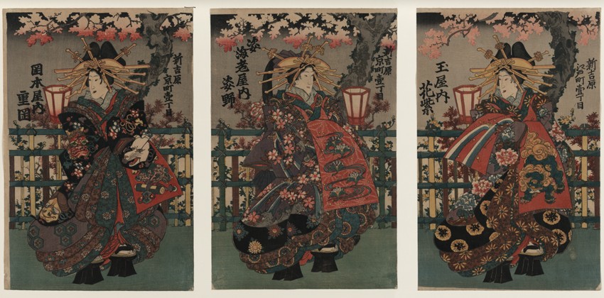 Courtesans Shigeoka, Sugatano and Hanamurasaki. Triptych. From the Series The Beauties of the Yoshiw à Artiste inconnu