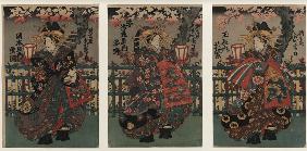 Courtesans Shigeoka, Sugatano and Hanamurasaki. Triptych. From the Series The Beauties of the Yoshiw
