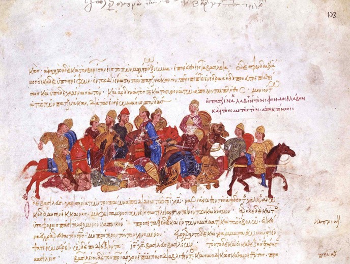 The Pechenegs in the fight against warriors of Svyatoslav I (Miniature from the Madrid Skylitzes) à Artiste inconnu