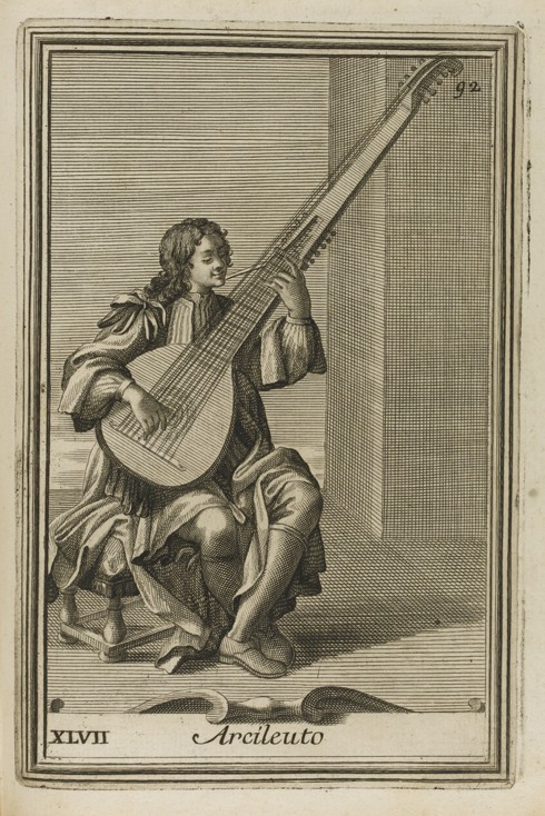 Archlute. Illustration from Gabinetto armonico pieno d'instrumenti sonori by Filippo Bonanni à Artiste inconnu