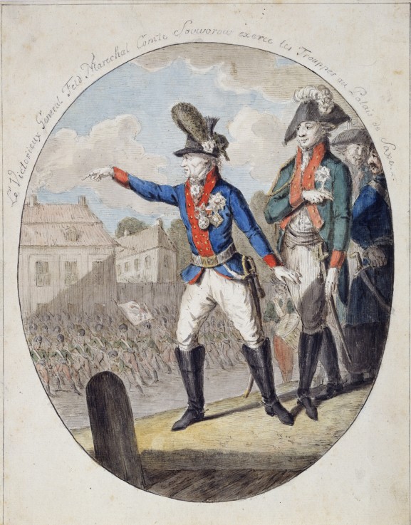 Field Marshal A. Suvorov inspecting the troops before the Elector of Saxony Palace in Warsaw in 1794 à Artiste inconnu