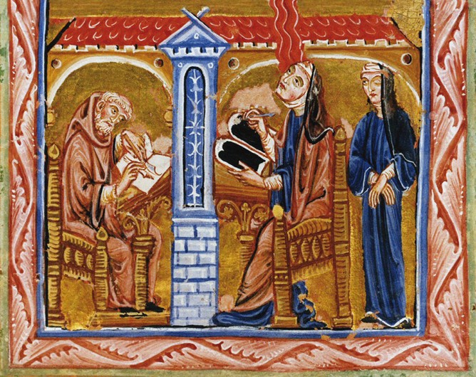 Hildegard receives a vision in the presence of her secretary Volmar and her confidante Richardis à Artiste inconnu