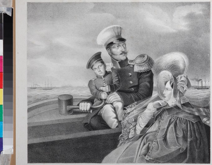 Emperor Nicholas I and Empress Alexandra Fyodorovna with son Konstantin Nikolaevich on a boat trip à Artiste inconnu