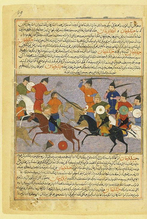 Battle between the Mongol and Jin Jurchen armies in north China in 1211. Miniature from Jami' al-taw à Artiste inconnu