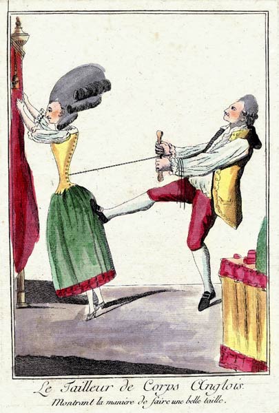 Tailor pulling tight the corset of an Englishwoman à Artiste inconnu