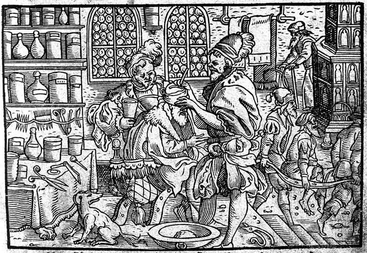 Operation on a man's head. From: Die große Wundarzney by Theophrastus Bombastus von Hohenheim à Artiste inconnu