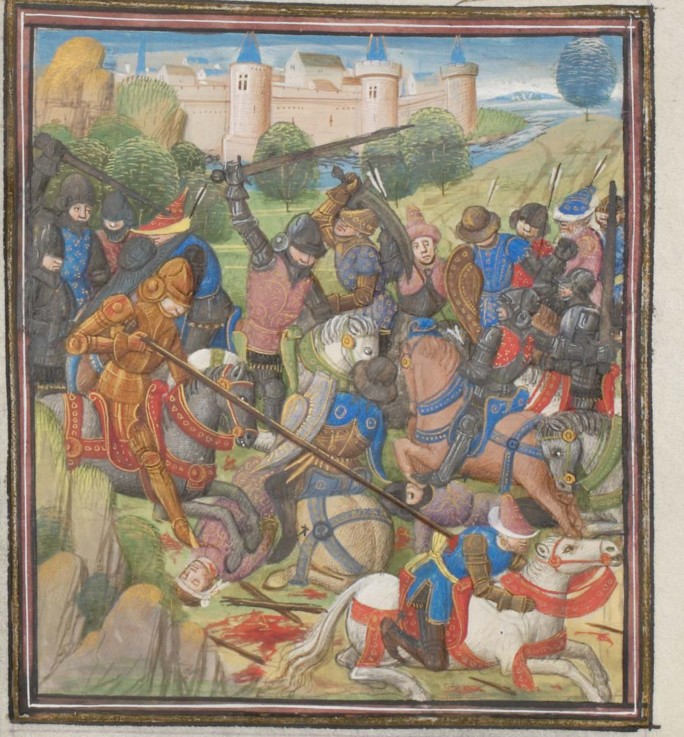 Battle between Crusaders under Baldwin II of Jerusalem and the Saracens. Miniature from the "Histori à Artiste inconnu