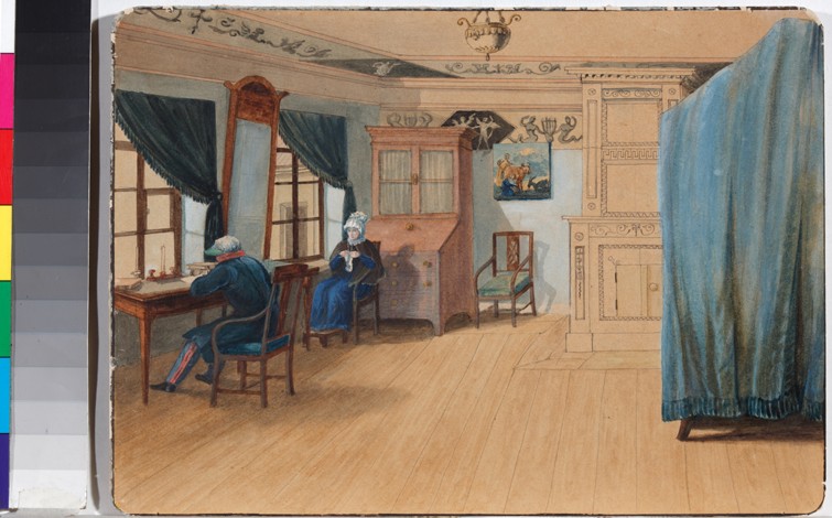 Bedroom Interior. Count Yegor Frantsevich Kankrin (1774-1845) at his desk à Artiste inconnu