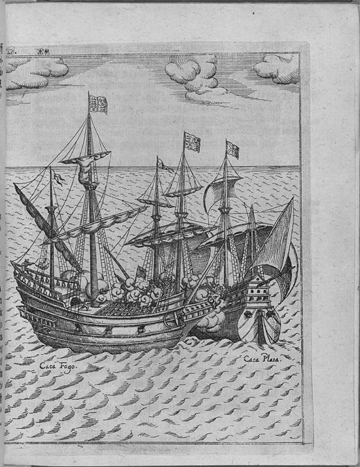 Battle between Francis Drake's ship Golden Hind and the Spanish ship Cacafuego. (From Levinus Hulsiu à Artiste inconnu