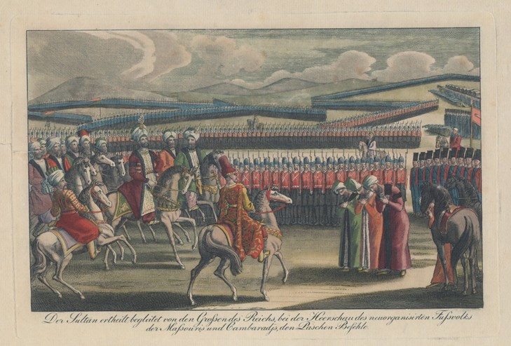 Selim III, Sultan of the Turks, welcomed to his new infantry review in countryside à Artiste inconnu