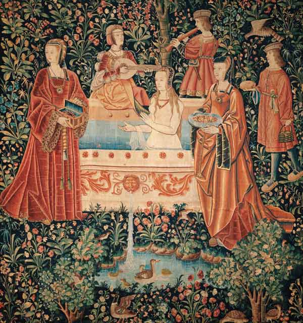 Woman Bathing surrounded by Attendants (Tapestry series "La Vie Seigneuriale") à Maître inconnu