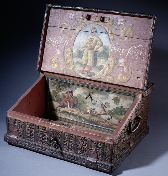 Wooden cash (or writing) box with poptrait of Peter the Great's son à Maître inconnu