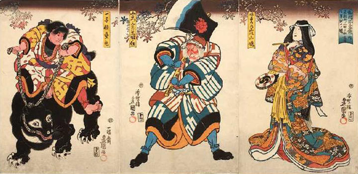 Drei Hauptdarsteller (Aus dem Kabuki-Schauspiel Japanische Beispiele von Gefolgstreue und Kindeslieb à Utagawa Kunisada