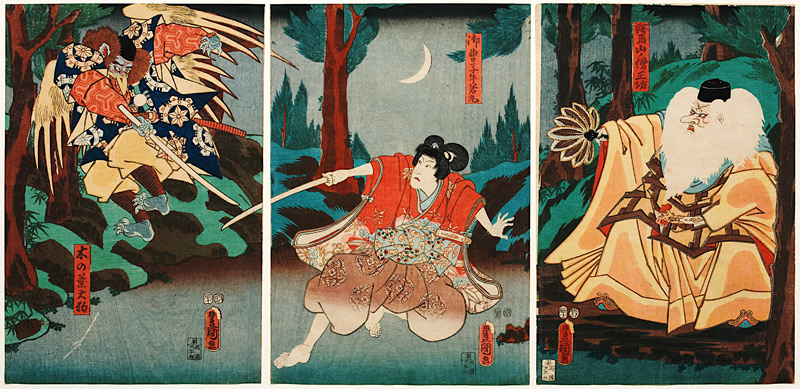 Tengu-Abtkönig Sojobo erteilt Ushiwakamaru Fechtunterricht à Utagawa Kunisada