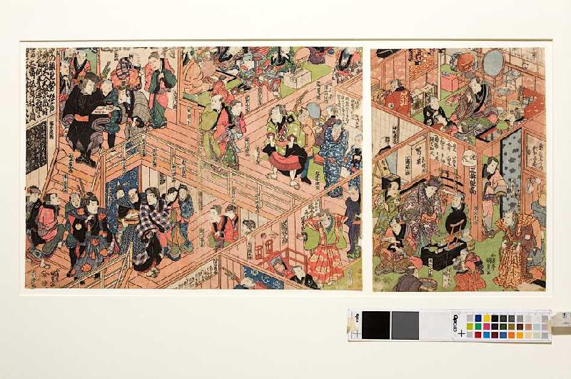 Blick vom zweiten Stockwerk ins Innere des Ichimura-Theaters in Edo à Utagawa Kunisada