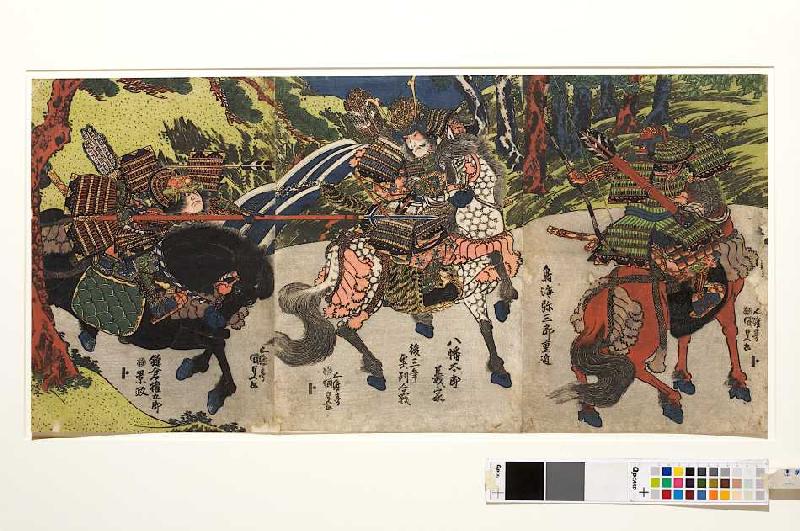 Der Bogenschütze Chokai Misaburo trifft Kamakura Gongoro mit einem Pfeil ins Auge à Utagawa Kunisada