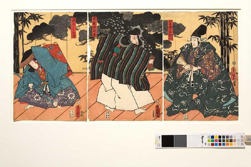 Minamotono Yoshitsune und Musashibo Benkei vor Fürst Togashino Saemon (Aus dem Kabuki-Schauspiel Ben à Utagawa Kunisada