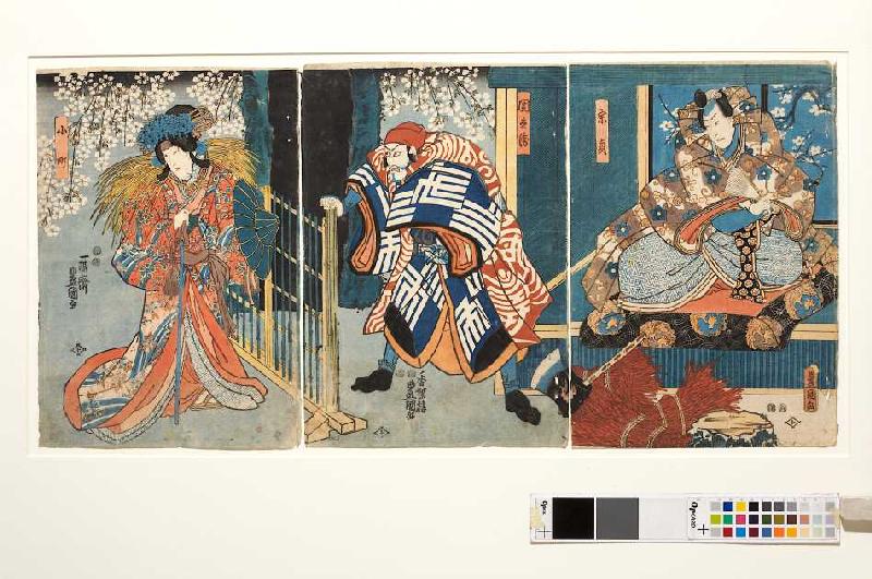 Munesada, Kuronushi und Komachi am Pass von Ausaka (Aus dem Kabuki-Schauspiel Die junge Dichterin On à Utagawa Kunisada