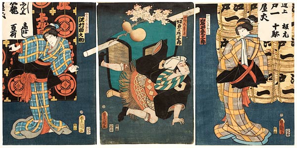 Bühnenszene aus dem Kabuki-Schauspiel Die Begegnung der Rivalen im Vergnügungsviertel (recto von 383 à Utagawa Kunisada
