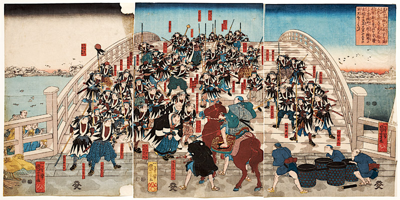 Die herrenlosen Samurai kehren über die Ryogoku-Brücke zurück à Utagawa Kuniyoshi