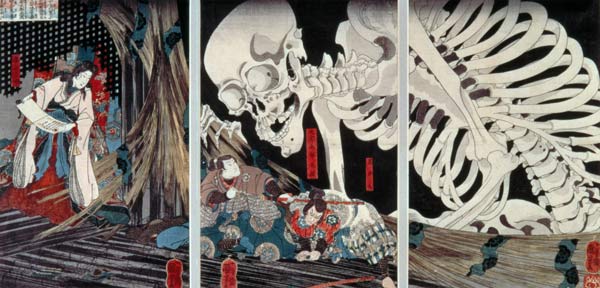 Mitsukini Defying the Skeleton Spectre, c.1845 (hand coloured woodcut print) à Utagawa Kuniyoshi