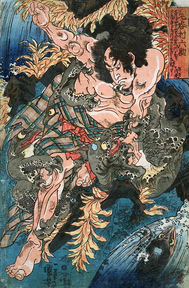 Rokusuke kämpft mit den Wassermännern (Aus einer unbetitelten Serie von Kriegerdarstellungen) à Utagawa Kuniyoshi