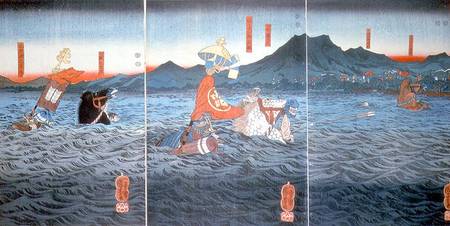 The Rival Generals fording the Ujigawa à Utagawa Kuniyoshi