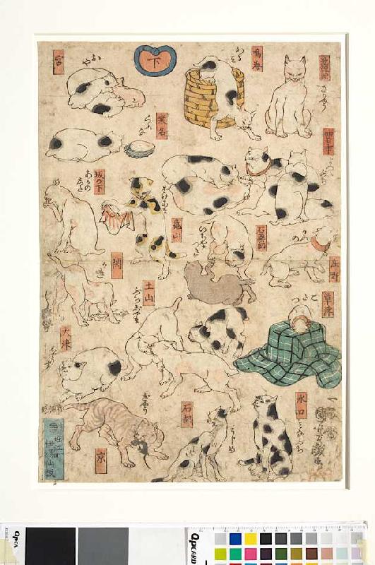 Scherzbild mit Katzen, die die Namen der Stationen am Tokaido verspotten à Utagawa Kuniyoshi
