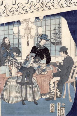 The salon of a house of foreign merchants at Yokohama, 1861 (colour woodblock print) à Utagawa Sadahide
