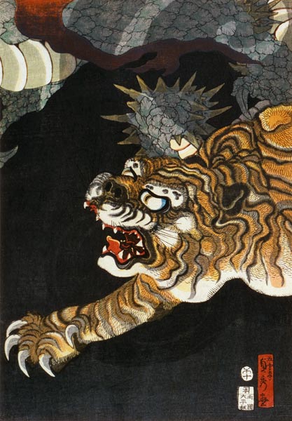 A dragon and two tigers - mitte à Utagawa Sadahide