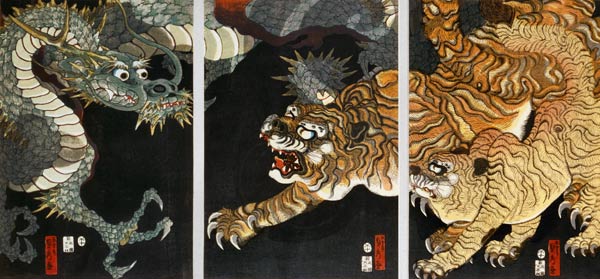A dragon and two tigers à Utagawa Sadahide