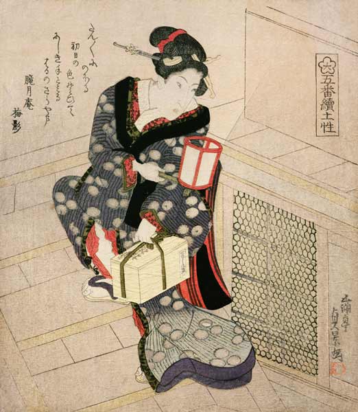 Woman climbing the stairs holding a lamp and a box à Utagawa Sadakage