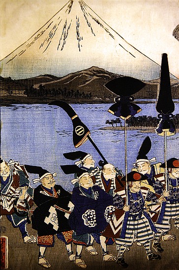 The Daimyo''s entourage before Mount Fuji à Utagawa Yoshitora