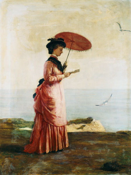 Femme avec ombrelle sur la plage de l'île Wight, un livre lisant (Emily Prinsep) à Valentine Cameron Prinsep