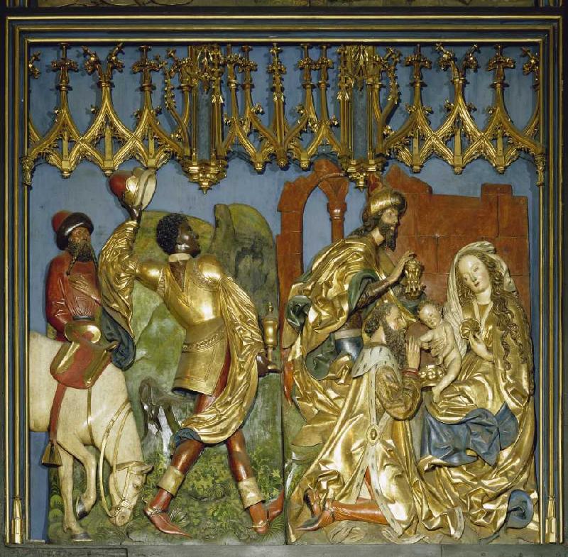 Der Krakauer Marienaltar: Die Anbetung der Heiligen Drei Könige (linkes unteres Flügelrelief) à Veit Stoß