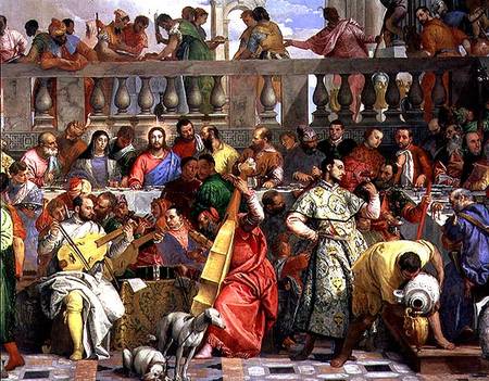 The Marriage Feast at Cana, detail of musicians and dogs à Paolo Veronese (alias Paolo Caliari)