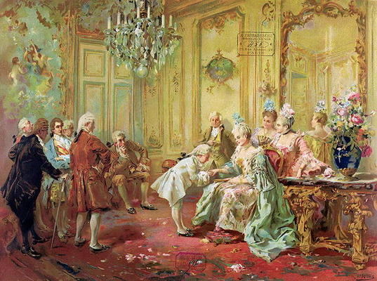 The presentation of the young Mozart to Mme de Pompadour at Versailles in 1763 (colour litho) à Vicente de Paredes