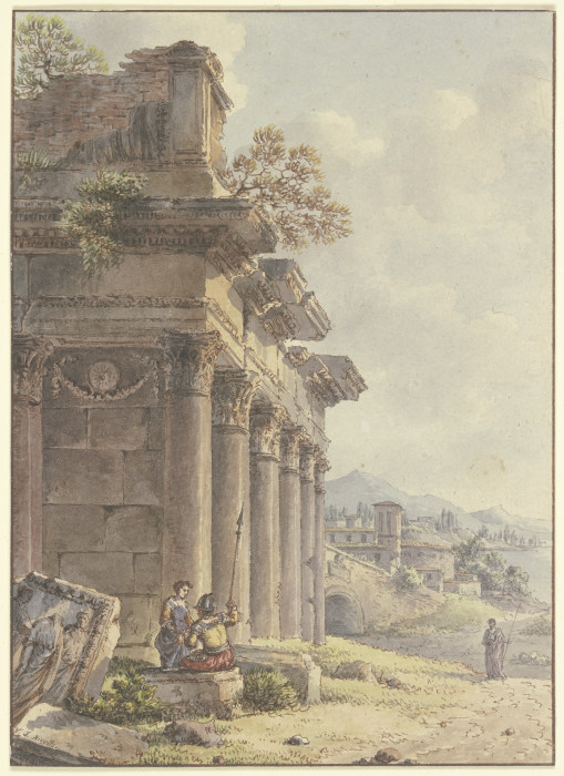 Architektonisches Capriccio: Ruinen einer Tempelfassade, im Hintergrund Landschaft mit Gebäuden und  à Victor Jean Nicolle