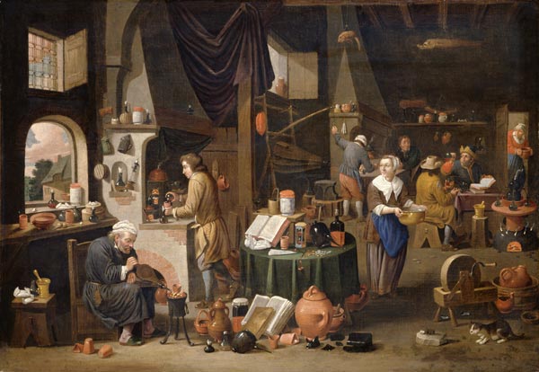 Interior with an alchemist and his assistants. à Victor Mahu