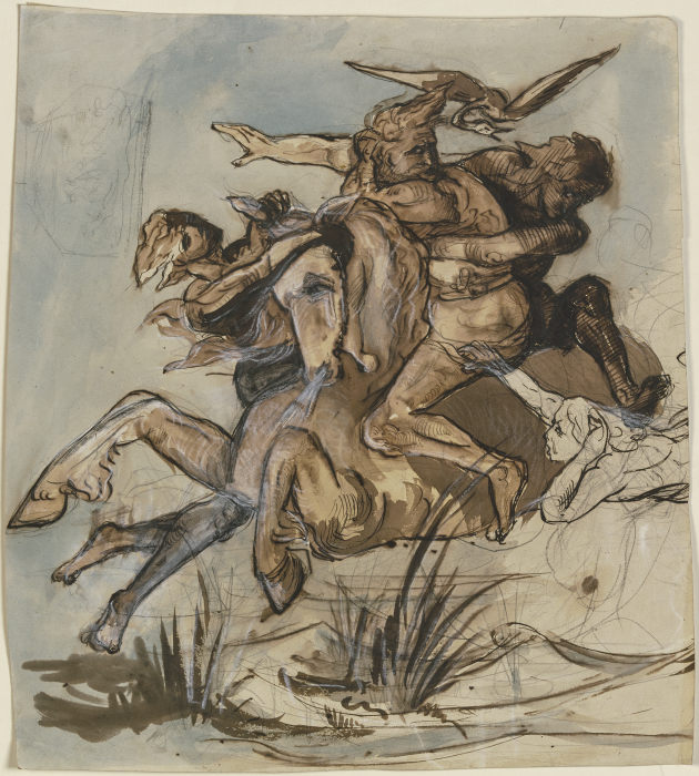 Bärtiger Mann in Begleitung eines Vogels auf einem Pferd im gestreckten Galopp, drei Gestalten suche à Victor Müller