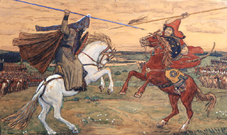 Peresvet und Tschelubey kämpfen auf dem Kulikov-Schlachtfeld 1380 à Viktor Michailowitsch Wasnezow