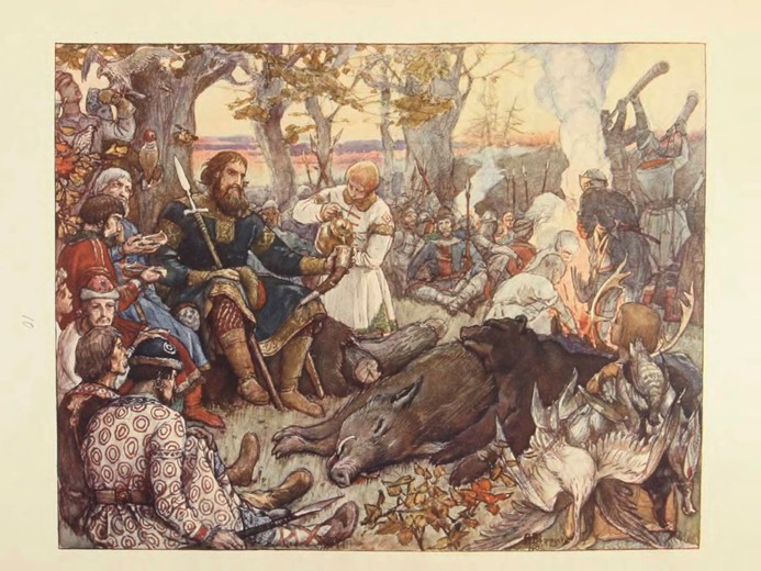 Rest of Grand Prince Vladimir II Monomakh on the Hunt. (The Imperial Hunt in Russia by N. Kutepov) à Viktor Michailowitsch Wasnezow
